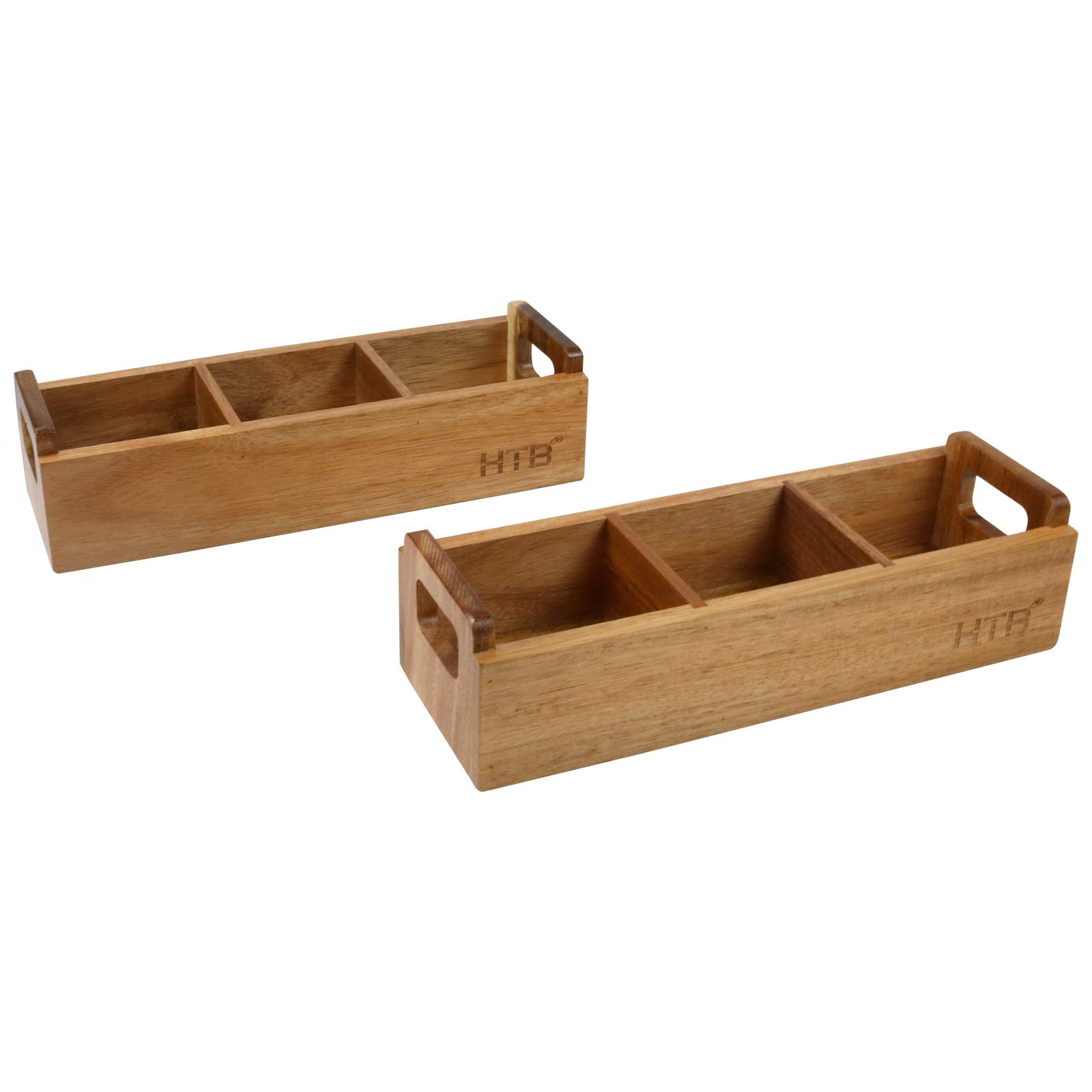 HTB Small Wooden Tea Bag Box 2PCS by , 3 Compartments Acacia Wood Tea Bag Chest with Handle, Mini Countertop Divided Storage Container for Beverage Supplies, Sugar, Sweeteners, Individual Packets