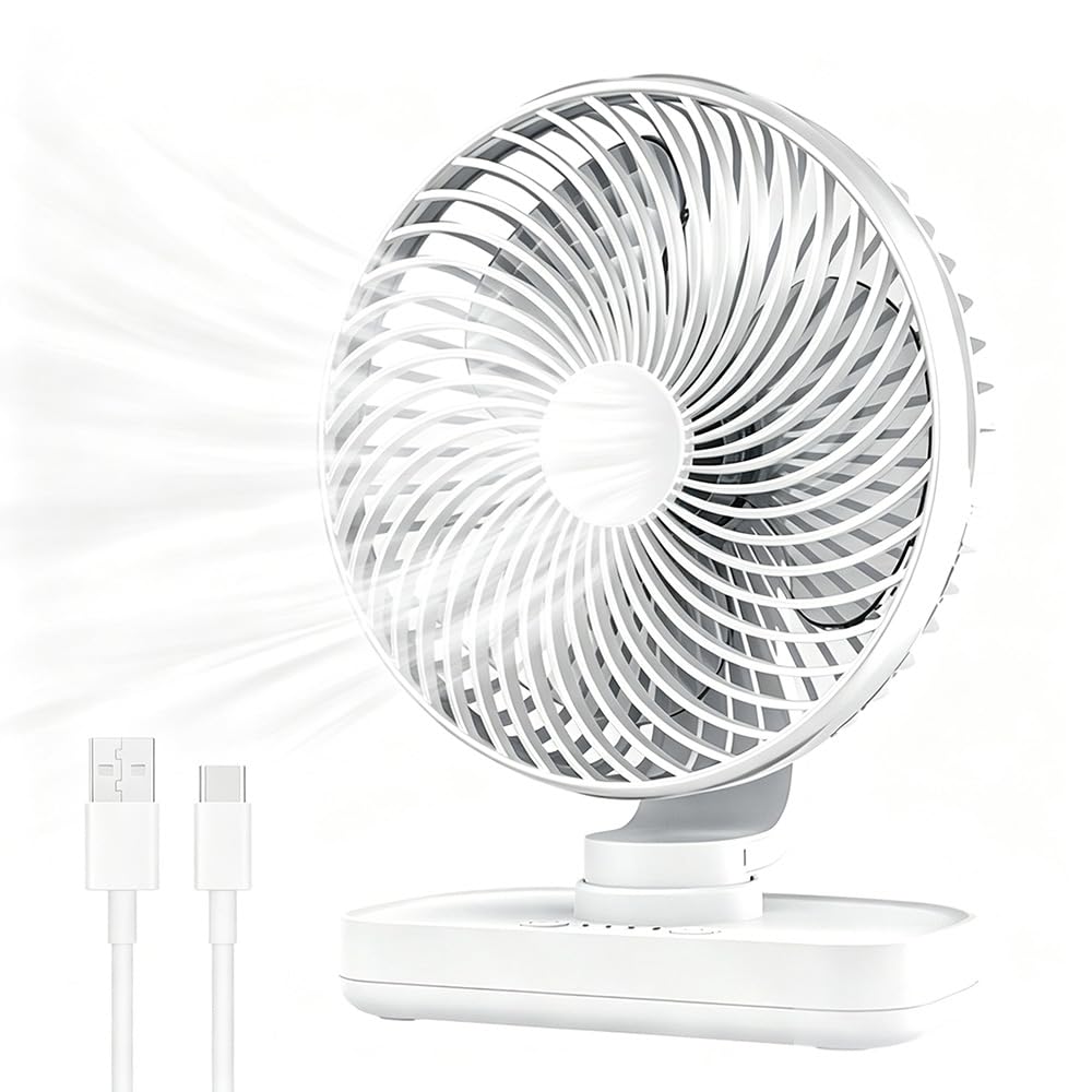 XEERUN USB Desk Fan, 6.5'' Auto Oscillating Table Fan, 4000mAh Rechargeable Fan, 4 Speeds, Powerful Cooling, Ultra Quiet Small Desktop Fans, Air Circulator for Bedroom Bedside Office Outdoor (White)