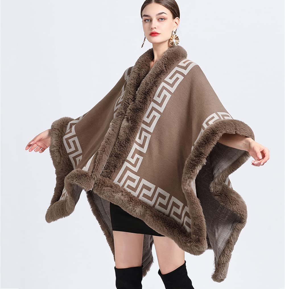 Autunno Inverno Donne Fine Knit Sciarpa Collare Capo Cardigan con Faux Fur Trim Layers Poncho, Faux Rabbit Fur Capo Wrap Scialle Cappotto di Lana