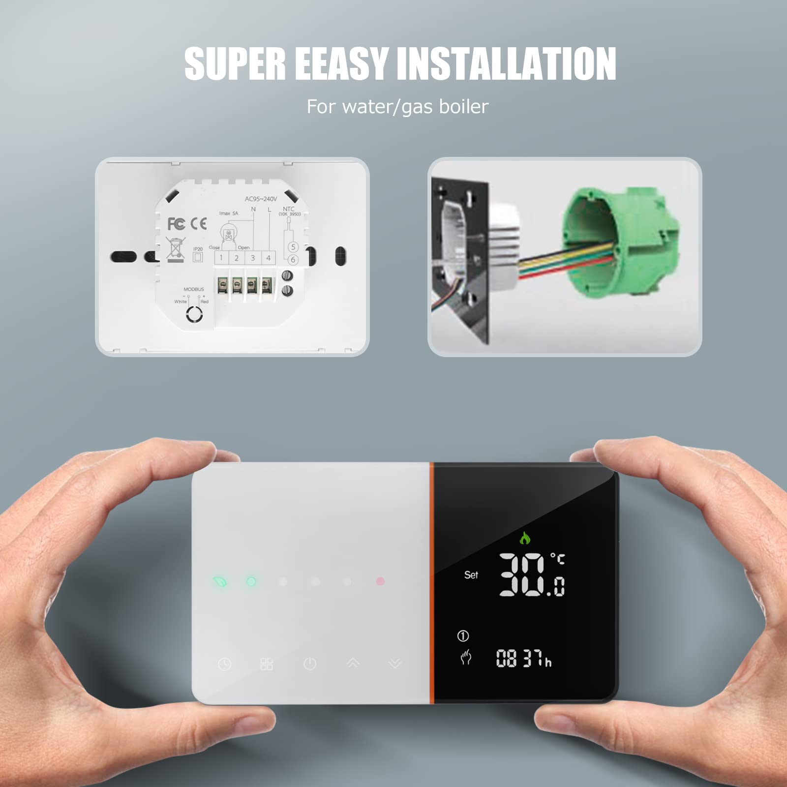 Thermostat Connecté pour Chaudiere Gaz, Intelligent avec écran Tactile Coulissant à Dégradé de Couleurs, Compatible Alexa Google Home, Prise en Charge la Commande Vocale Distance