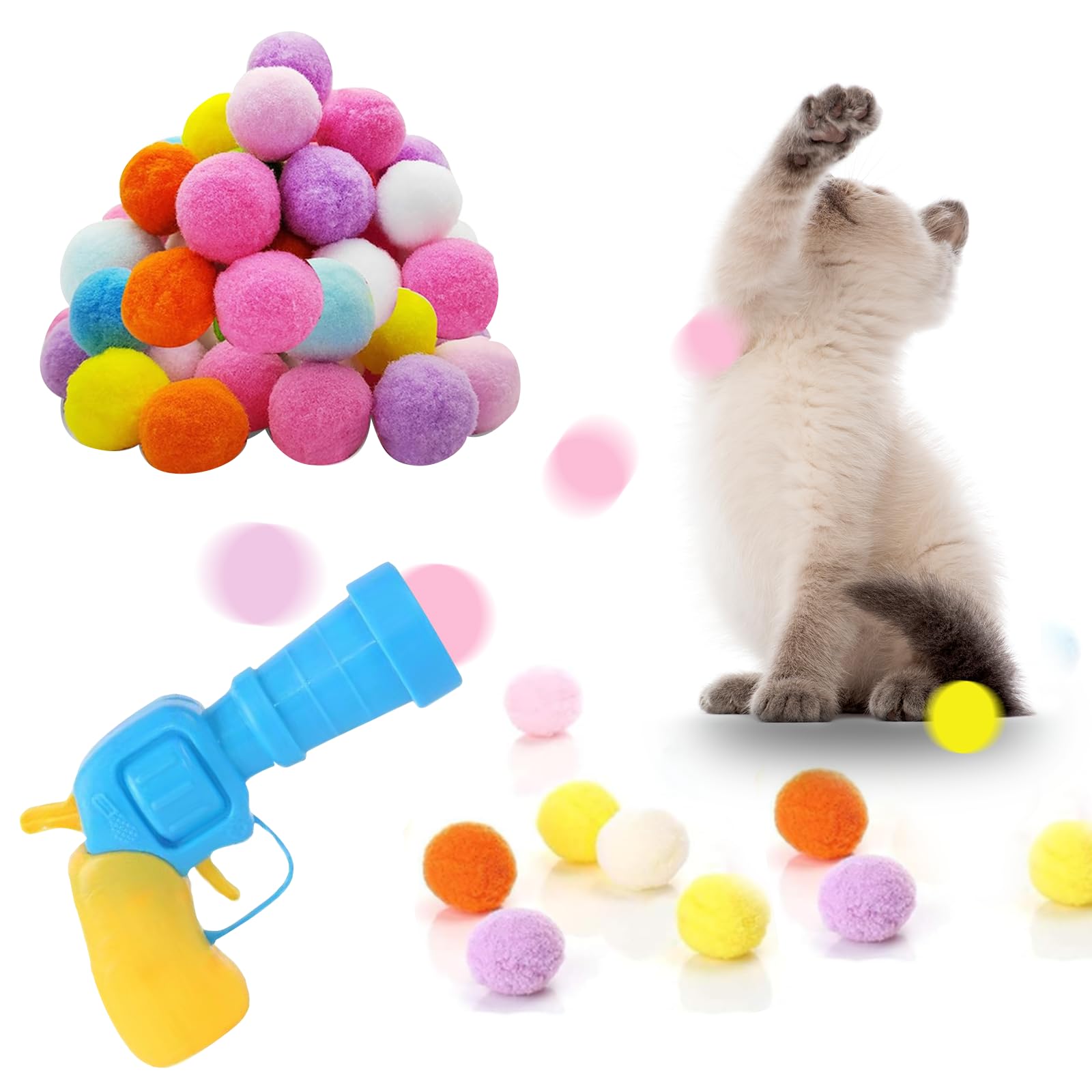 RILYSUN Ball Launcher Toys for Cats Interactive Toys for Cats Pompom Balls with Launcher and Colorful Soft Pompom Balls (20 Balls & 1 Launcher)