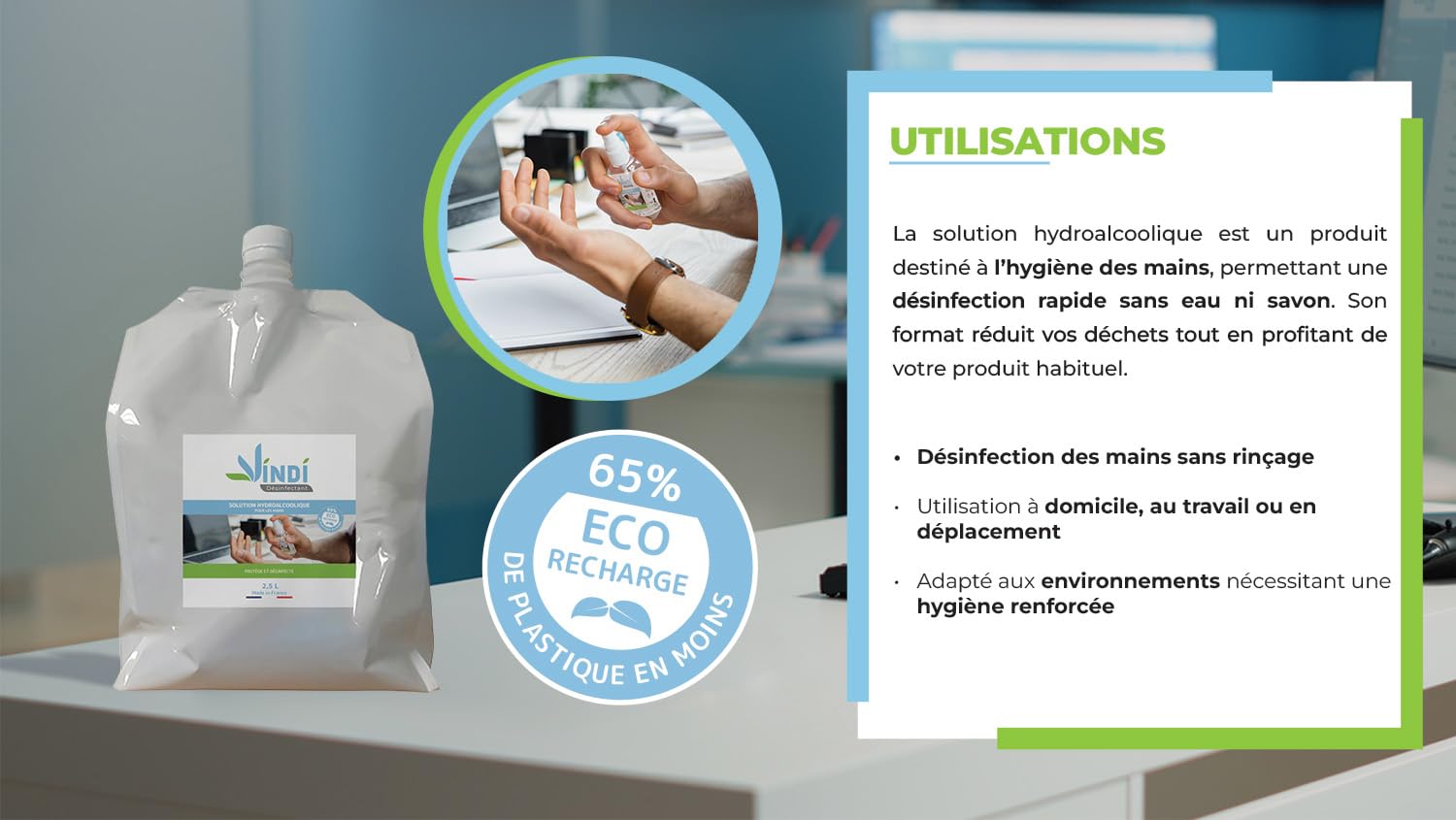 Vindi Désinfectant solution hydroalcoolique - Bidon-écorecharge de 2,5L - Fabrication Française - 76% d'alcool - Désinfection des mains et des surfaces - Virucide