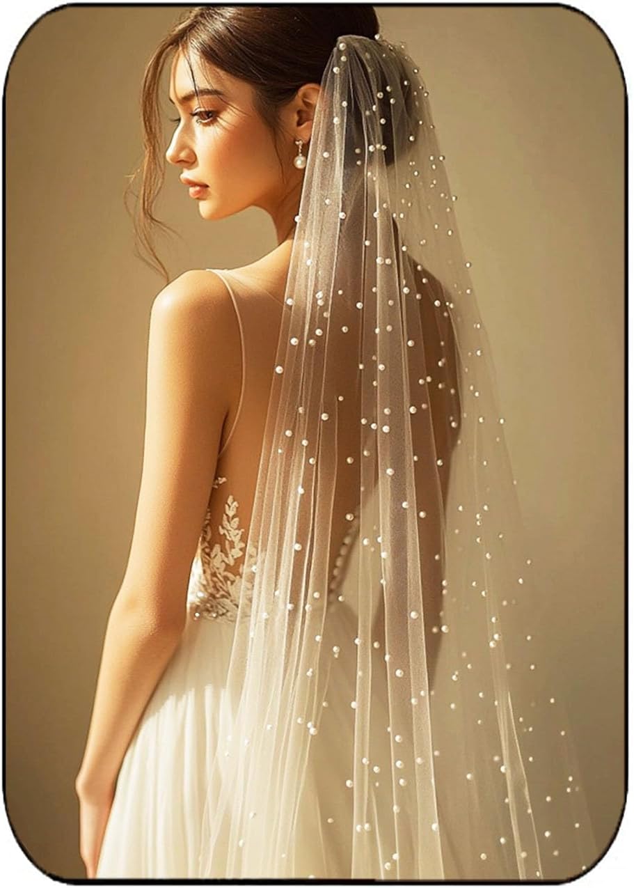 HEREAD Pearl Bride Wedding Veil White Fingertip Cathedral Bridal Tulle Veils Hair Accessories with Comb and Cut Edge