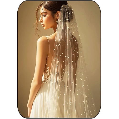 HEREAD Pearl Bride Wedding Veil White Fingertip Cathedral Bridal Tulle Veils Hair Accessories with Comb and Cut Edge