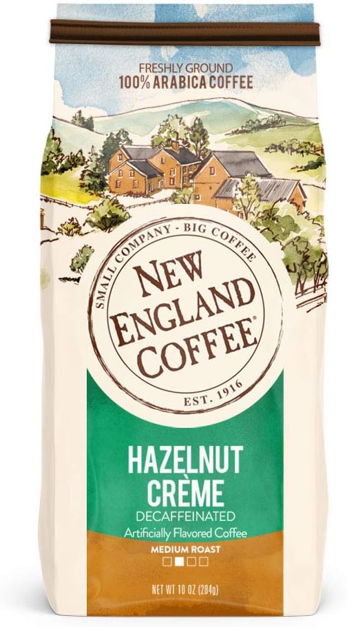New England Coffee Hazelnut Creme Decaffeinated Medium Roast Ground Coffee, 10oz Bag (Pack of 3)