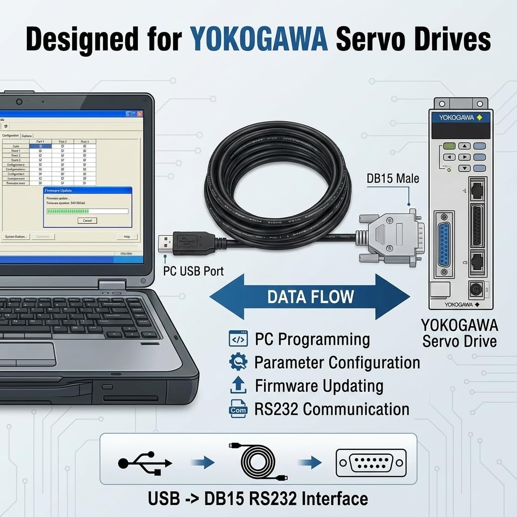FT232RL USB to DB15 15-Pin Male Serial Cable, 1.8m for YOKOGAWA Servo Drives, RS232 Communication and PC Programming Cable