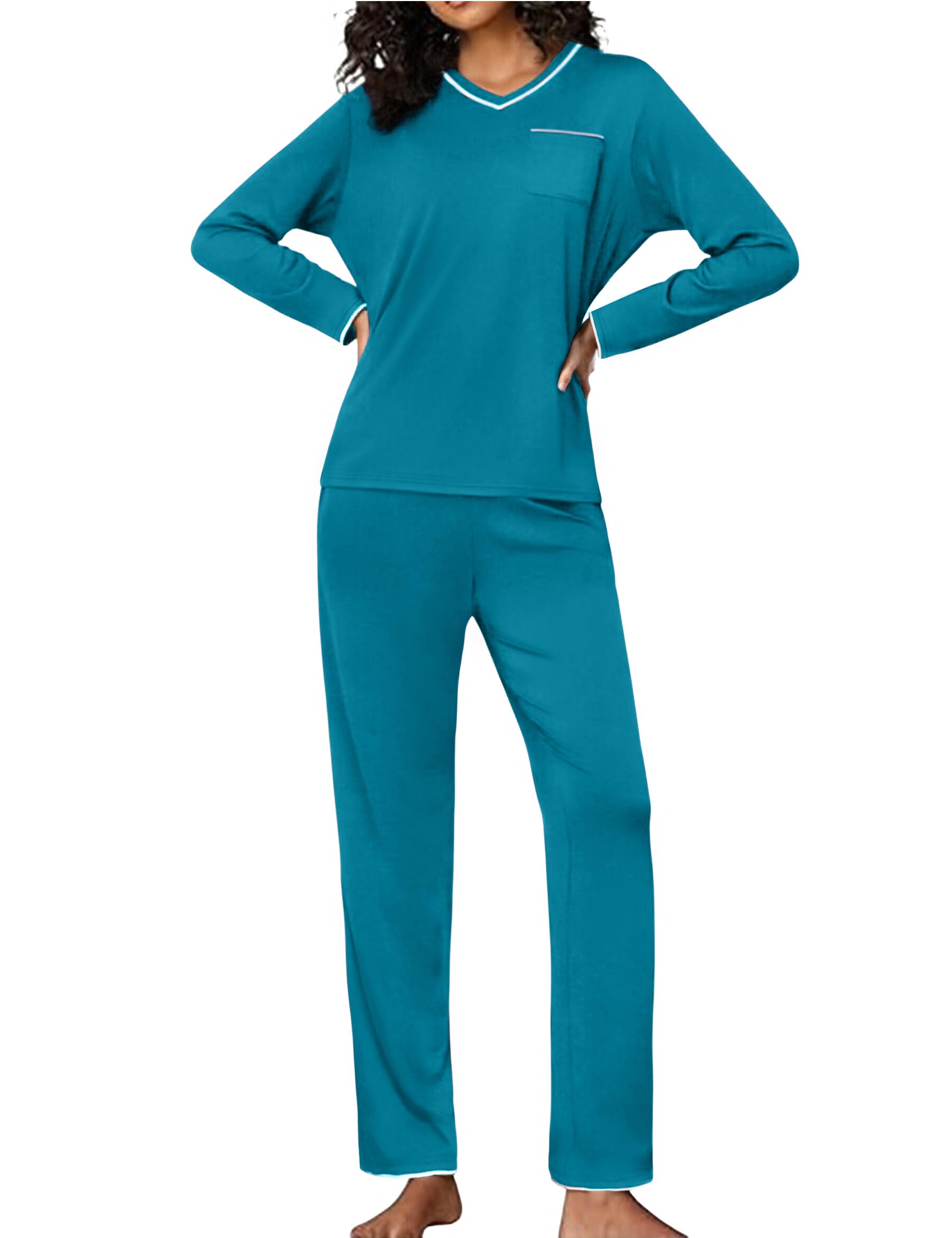 Demegimi Schlafanzug Damen Lang Pyjama Baumwolle V-Ausschnitt Nachtwäsche Winter Schlafanzüge Einfabig