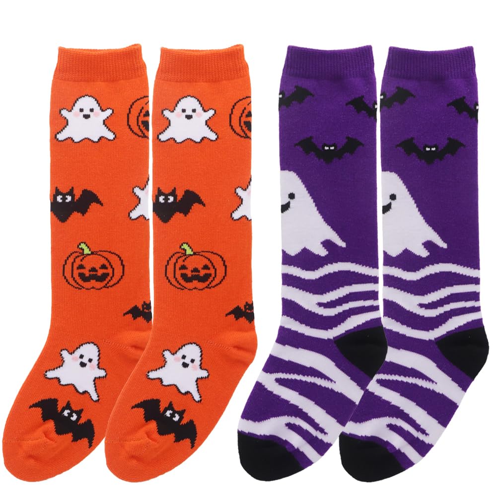 ZUOIUP Halloween Socks for Girls Boys Toddlers, Orange Purple Knee High Halloween Socks with Cute Pumpkin/Bat/Ghost