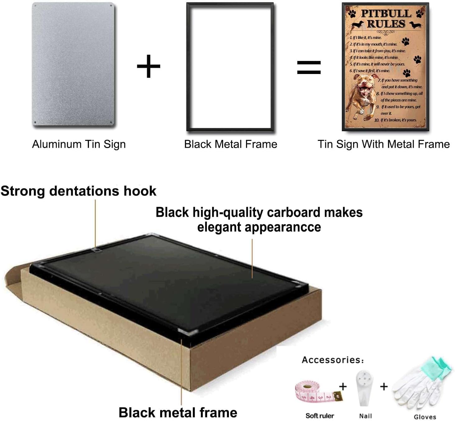 Metal Sign Tin Sign Vintage Wall Art Pitbull Rules Gardening Sign for Club 12×16 Inches with Metal Frame