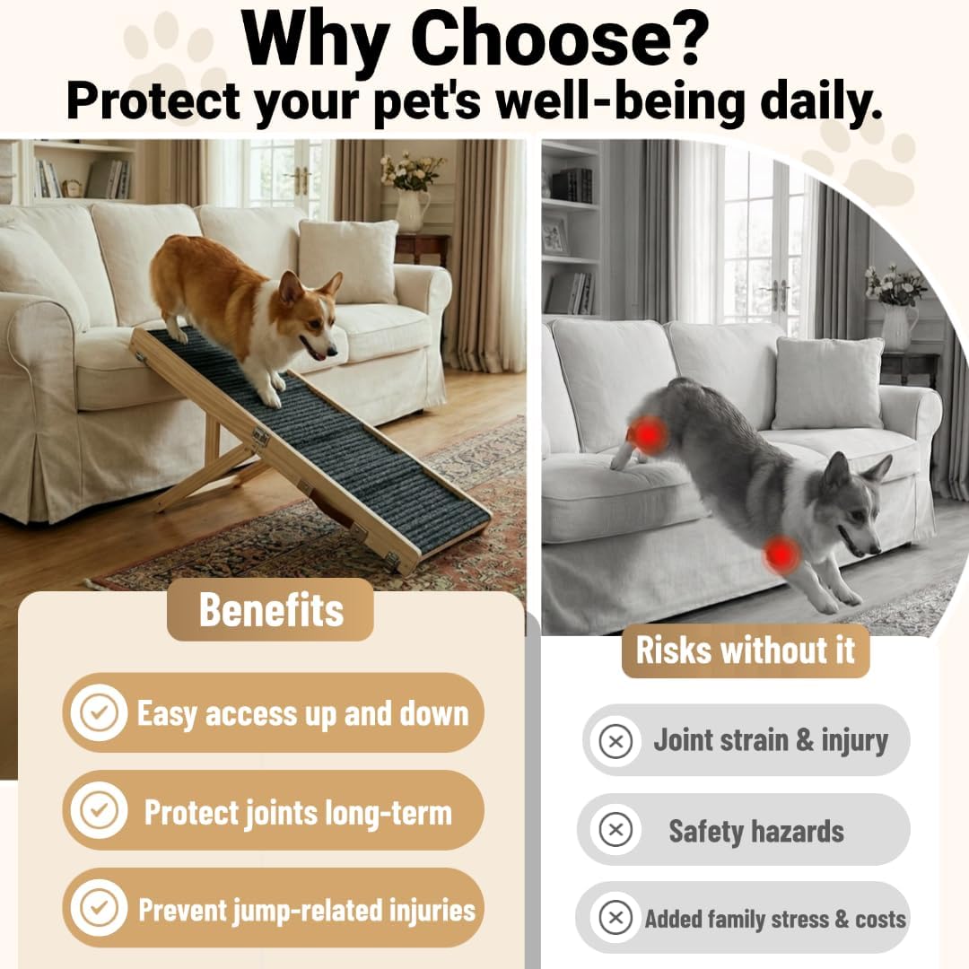 Dog Ramp for Couch & Bed for Small Dogs, Foldable Small Dog Ramps for Sofa - 31.5" LX12 W, 4 Adjustable Height, Portable, Stable, Non-Slip, Carry Handle, Walnut