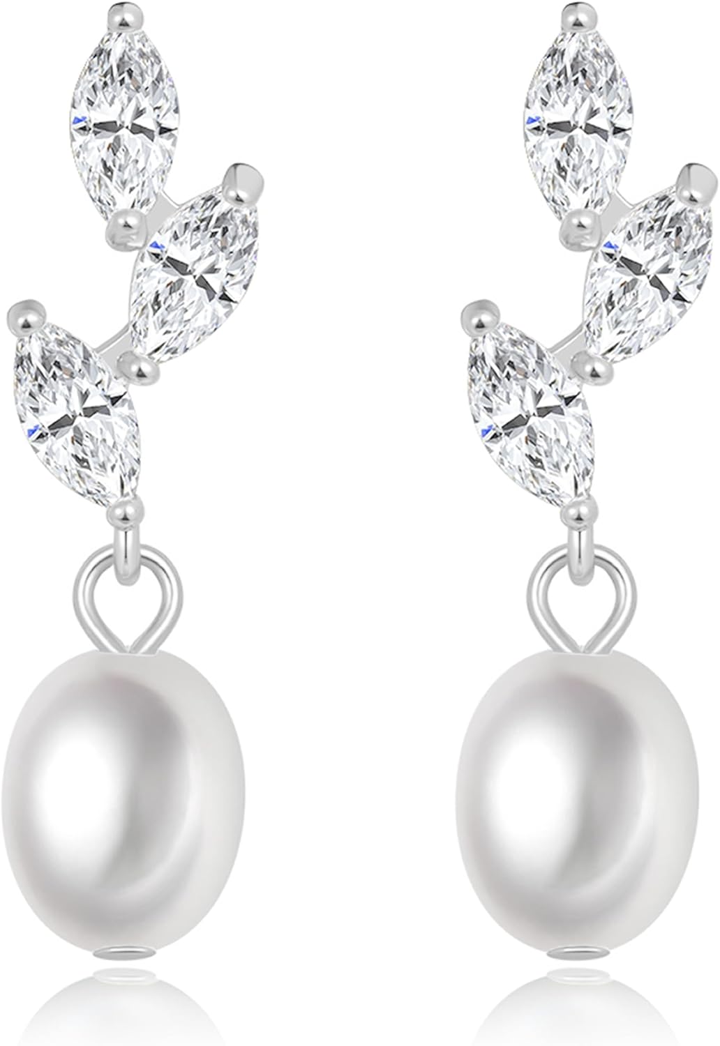 Pearl Earrings for Women 14K Gold Pearl Drop Dangle Earrings Cubic Zirconia Leaf Pearl Stud Simple Wedding Earrings for Brides Pearl Tassel Earring Statement Jewelry Gifts Gold Silver Tone