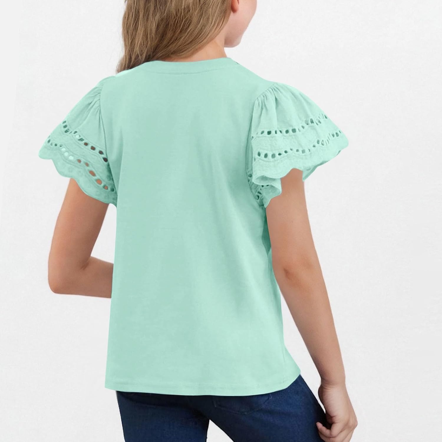 3-14T Girls T-Shirts Tops Summer Fashion Solid Hollow Out Ruffles Short Sleeves Crewneck Loose Comfy Tees Shirts