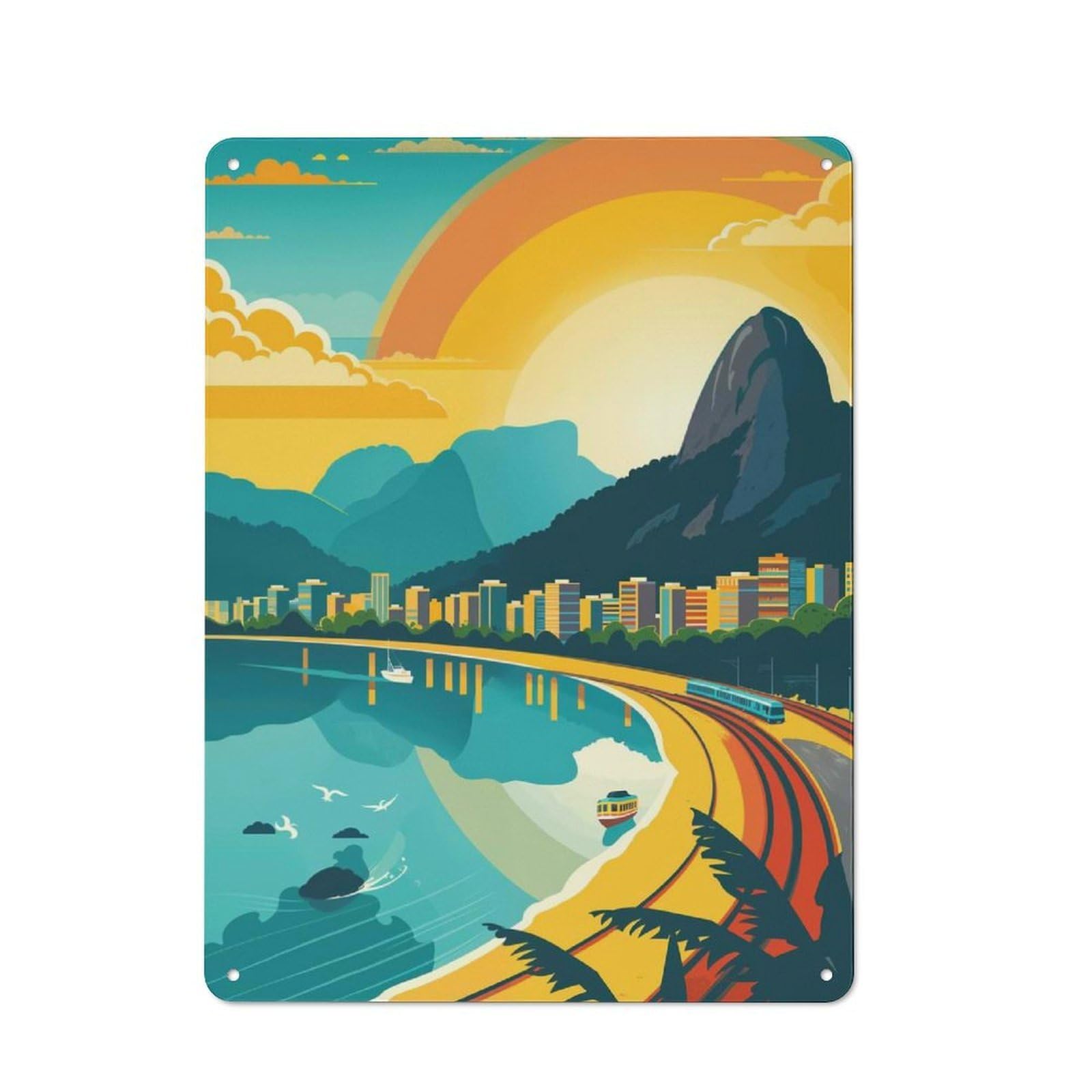Classic Decorative Tin Plaque 40x30cm Featuring Rio De Janeiro Cityscape, Novelty Wall Art for Home, Shop, Pub Or Studio Wall
