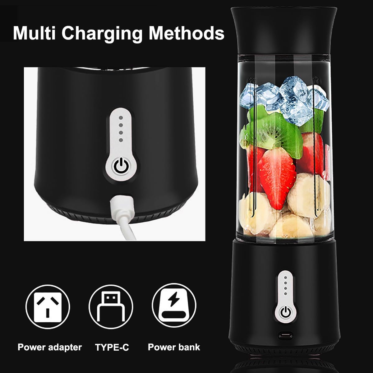ABHI 500ML/17oz Portable Blender with Lid Safe Lock 6 Stainless Steel Blades Juice Mixer Machine Cordless Type C Smoothie Vegetables Fruits Mixing Juicer - Black