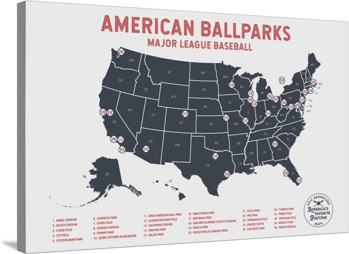 ART.COM Wall Art Print Baseball Stadium Bucket List Map in Beige by Ren Lane, 24" x 16"