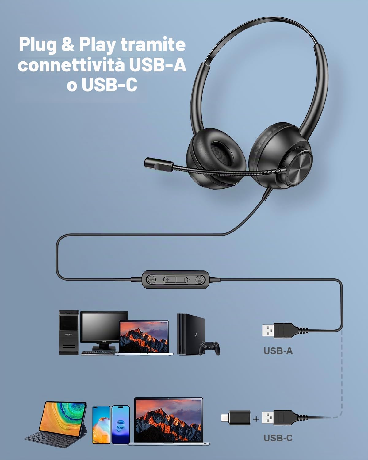 New Bee Cuffie con Microfono per PC, Cuffie con Microfono, cuffia per PC con USB-A e USB-C, per call center/conferenze telefoniche/chat Skype/corsi online