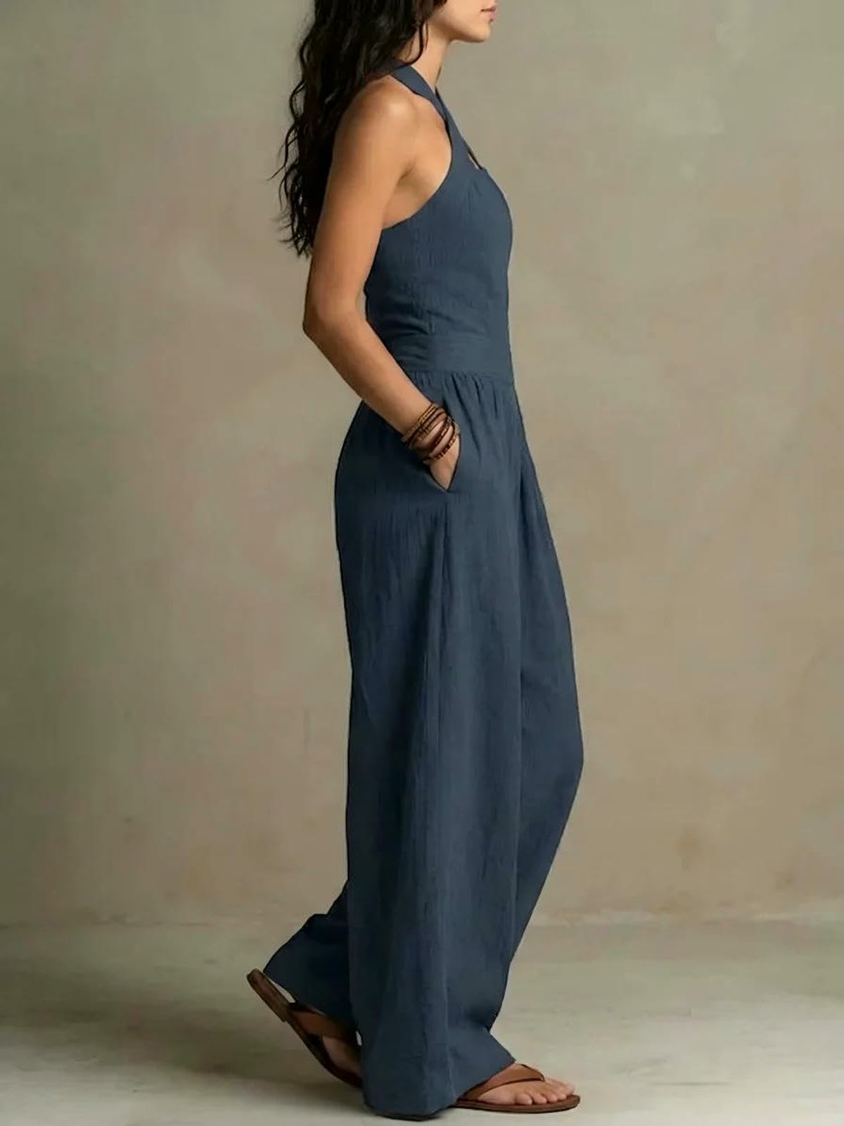 Mono De Verano Mono Casual De Verano con Cuello Cruzado, Cintura Ajustada Y Espalda Descubierta, Perneras Anchas.