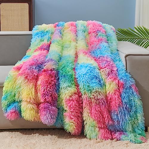 GONAAP Fuzzy Faux Fur Twin Blanket for Couch, Dark Rainbow, 60"x80"