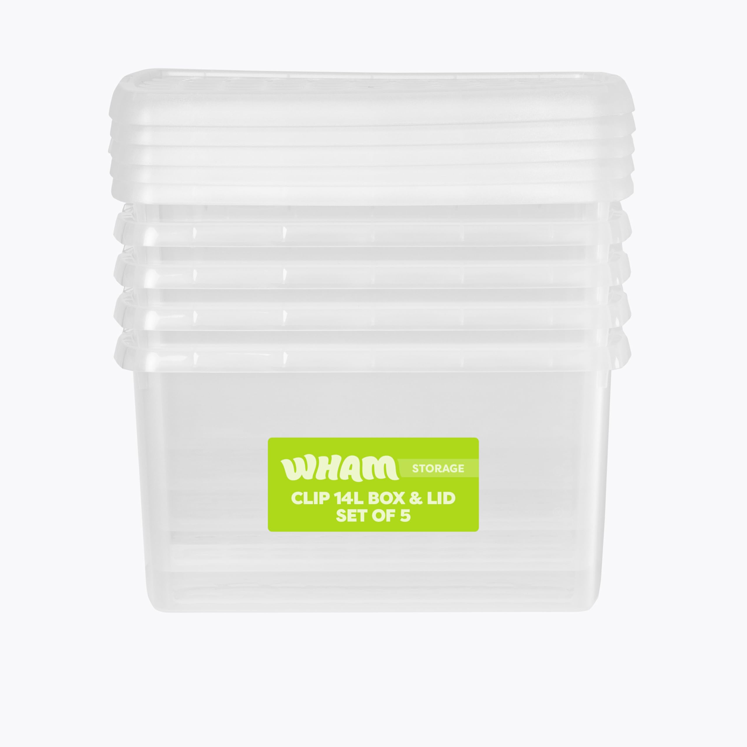 Wham Clip 5 x 14L Rectangular Stackable Plastic Storage Boxes with Lids | Ideal for Home, Office, Toys & More | Storage Containers with Clip Locks | Made in UK - Clear/Clear