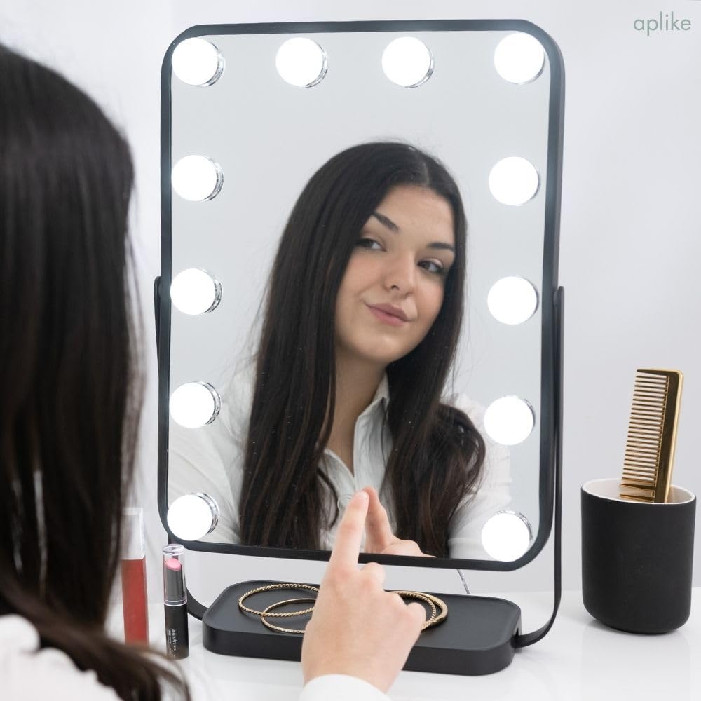 Aplike - Espejo Maquillaje con Luz, 12 Bombillas LED Hollywood, 3 Temperaturas Color (3000K-6500K), Control Táctil, Rotación 360°, Espejo Tocador Grande, Regalo Mujer (Negro)