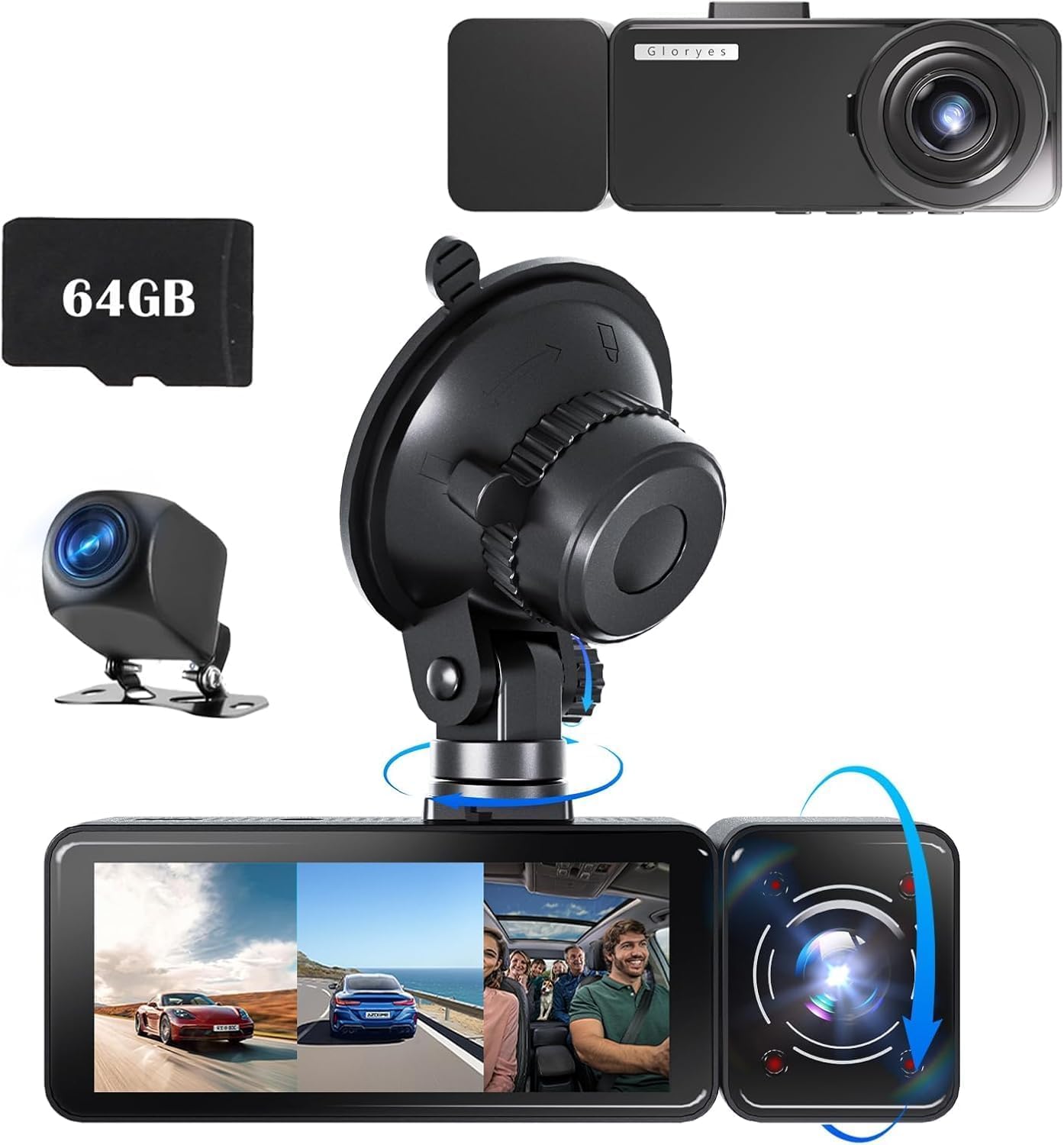 Cámara dash triple para carros Gloryes A520B con pantalla 3.18" miniatura 1