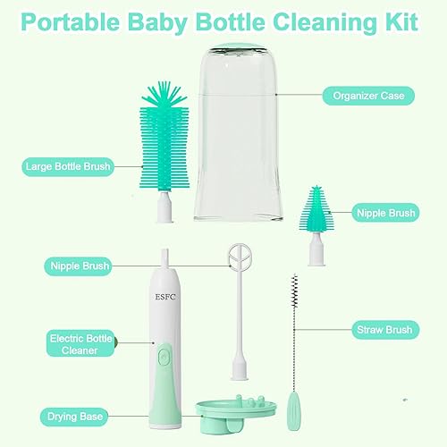 Miniatura 5 de ESFC Juego de cepillos eléctricos portátiles para biberones con cepillo eléctrico para botellas, cepillo para pezónpajilla, espumador de leche y