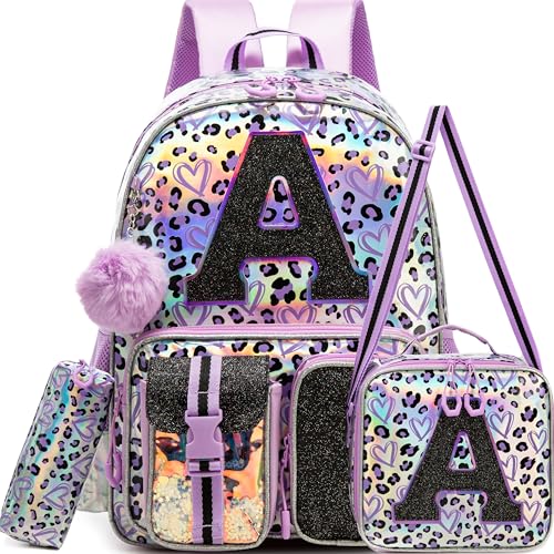 Meetbelify Mochila para meninas com letras para estudantes do ensino fundamental e adolescentes bolsa escolar fofa para crianças de 8 a 10 anos, Leapoard roxo