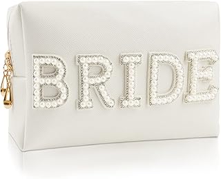 Bride Patch Letter Makeup Bag for Women Bridesmaid Engagement Gift for Her White Pearl Rhinestone Travel Toiletry Bag Make Up Bag Pouch for Purse Bridal Shower Gifts for Engagement Wedding