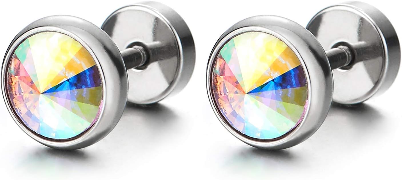 Mens Womens Circle Stud Earrings with Spiked Cubic Zirconia, Steel Fake Gauges Plugs