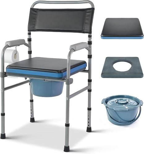 Medwarm Folding Bedside Commode, Height Adjustable Toliet Chair for Seniors with Padded Seat and Arms, Portable Potty Shower Chair for Elderly Handicap Adult