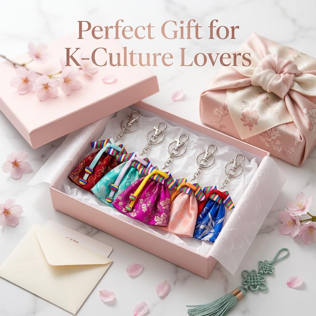 Korean Traditional Dress Design Keychain Set of 5 – Korean Key Ring Souvenir Gift, Colorful Cultural Bag Charm