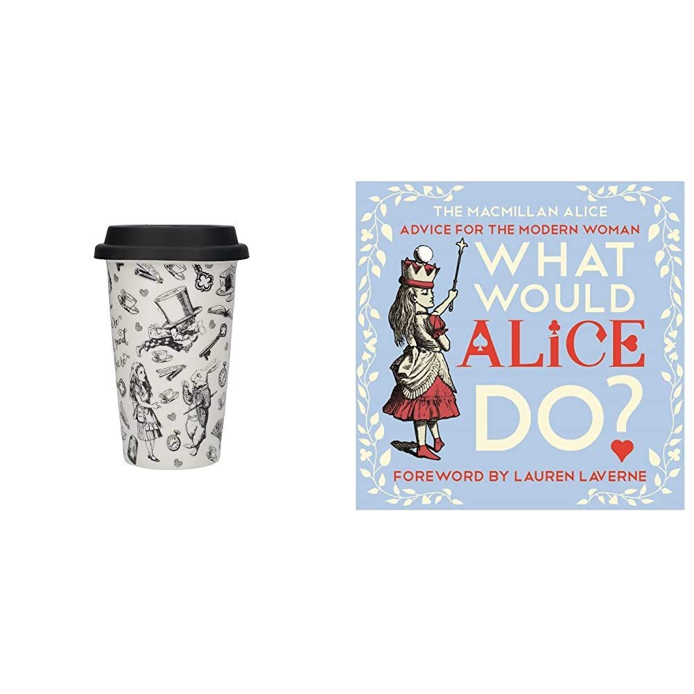 Victoria & Albert V&A 'Alice in Wonderland' Ceramic Travel Mug – Black and White & What Would Alice Do?: Advice for The Modern Woman (MacMillan Alice)