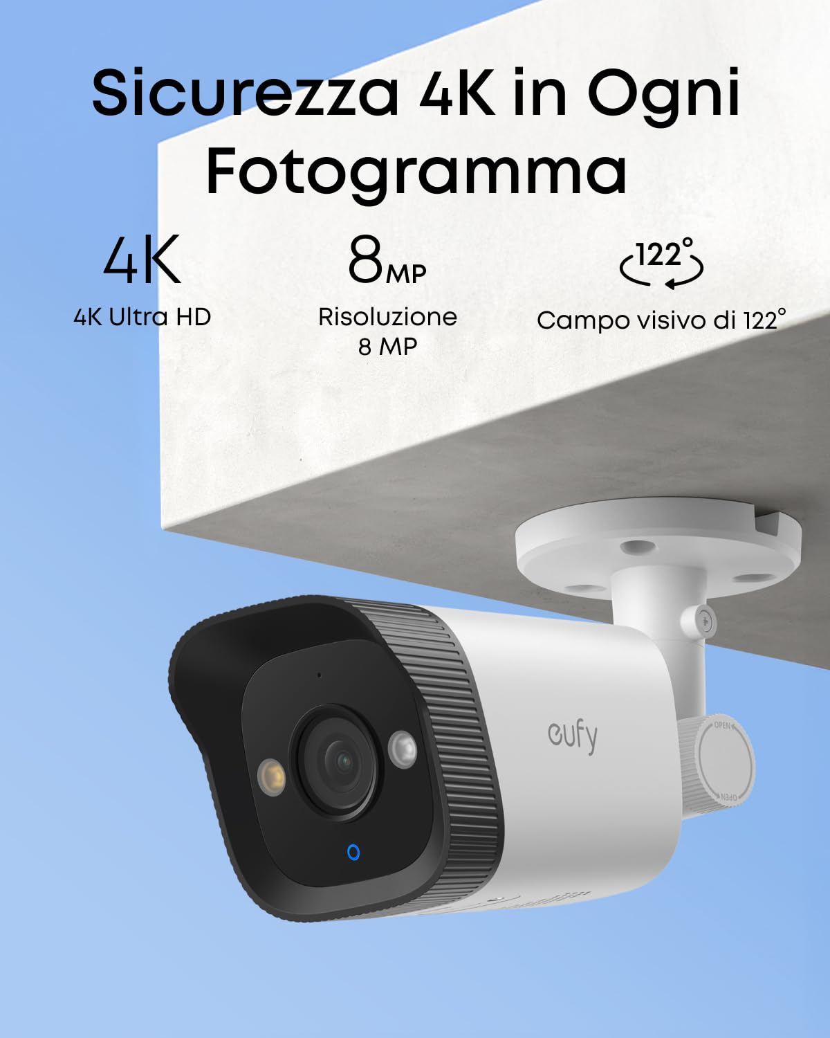 Sistema NVR PoE eufy E40, 4 Telecamere 4K, Telecamera Esterna, 4K UHD, Campo Visivo 122°, Visione Notturna a Colori, Reg. 24/7, rilevamento AI, Strobo Rosso e Blu, NVR 8 canali, HD 2 TB preinstallato