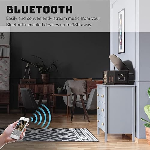 Miniatura 5 de Sistema estéreo clásico de madera 10 en 1 con conexión Bluetooth, reproductor de discos de vinilo, AMFM, CD, cassette, USB, ranura SD. 2 altavoces