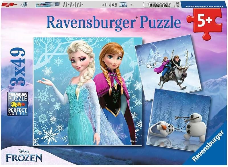 Ravensburger Disney Frozen Winter Adventures Puzzle Set - Rompecabezas de 3 x 49 piezas para niños | Diseño de pieza única | Mejora la concentración y la creatividad | Materiales certificados FSC