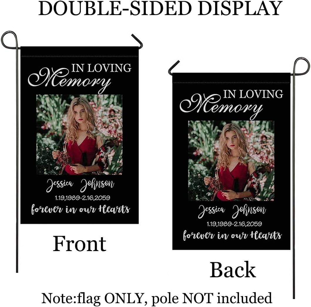 MyPupSocks Custom Memorial Flag, in Loving Memory Personalized Garden Flag with Photo Name Date Forever in Our Hearts Black House Yard Lawn Flag Decorative Banner for Outside 12x18 Double Sides