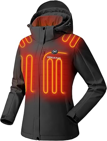 Venustas Womens Heated Jacket with Battery Pack, Waterproof & Windproof Electric Insulated Heated Coat With Detachable Hood
