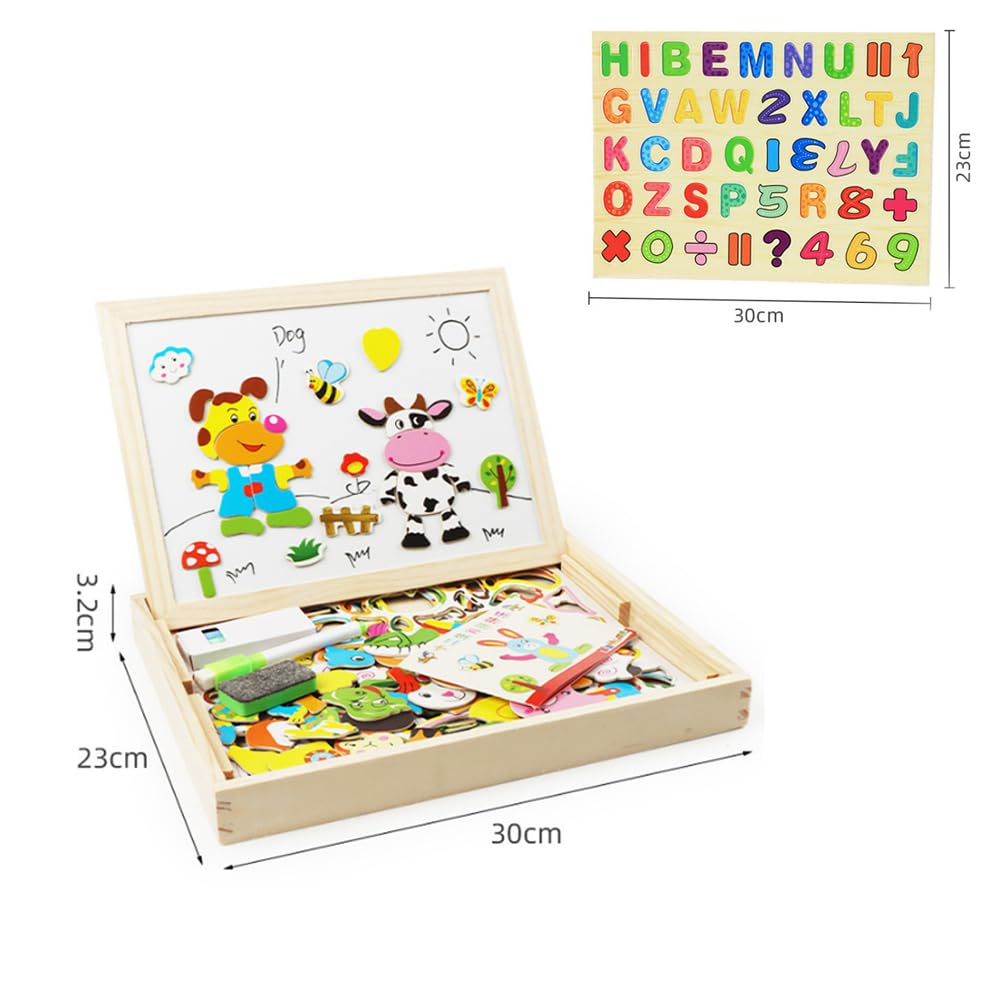 Wolkenschaukel 2 in 1 Montessori Zeichentafel, Magnetisches Holzpuzzle, 163 Stück Tiermuster Pädagogisches, Doppelseitige Magnettafel Kinder, Montessori Spielzeug ab 2 3 4 Jahre (A)