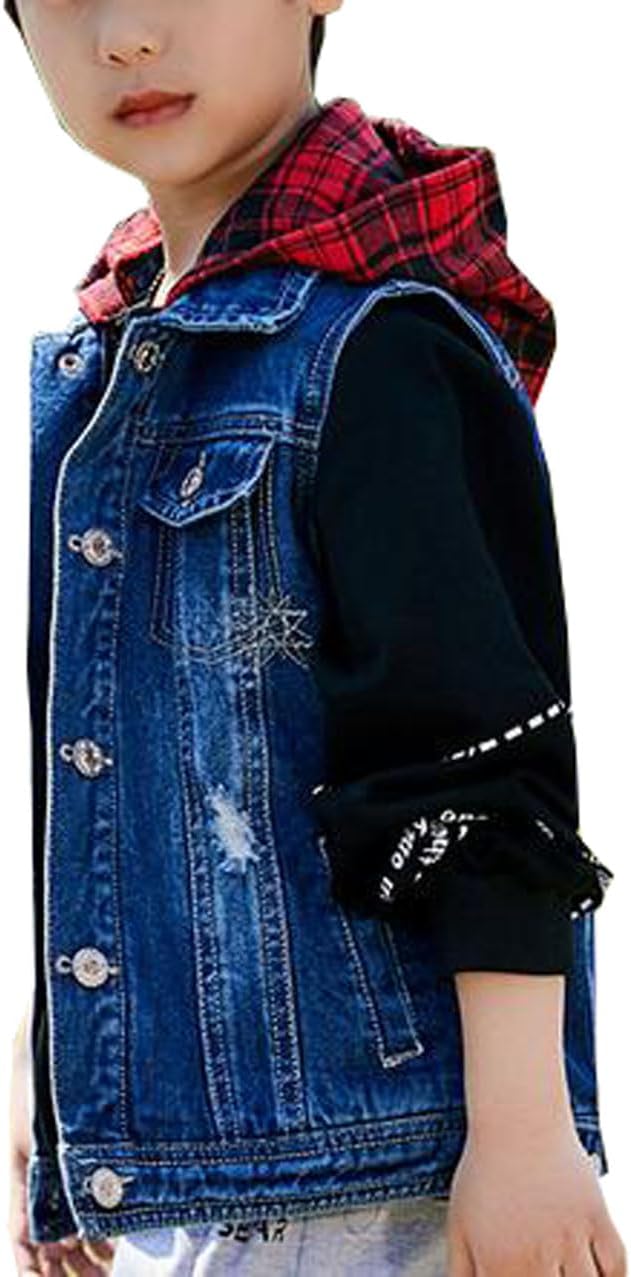 Boys Girls Jean Hooded Vest Kids Ripped Cowboy Waistcoat Sleeveless Denim Jacket Outerwear