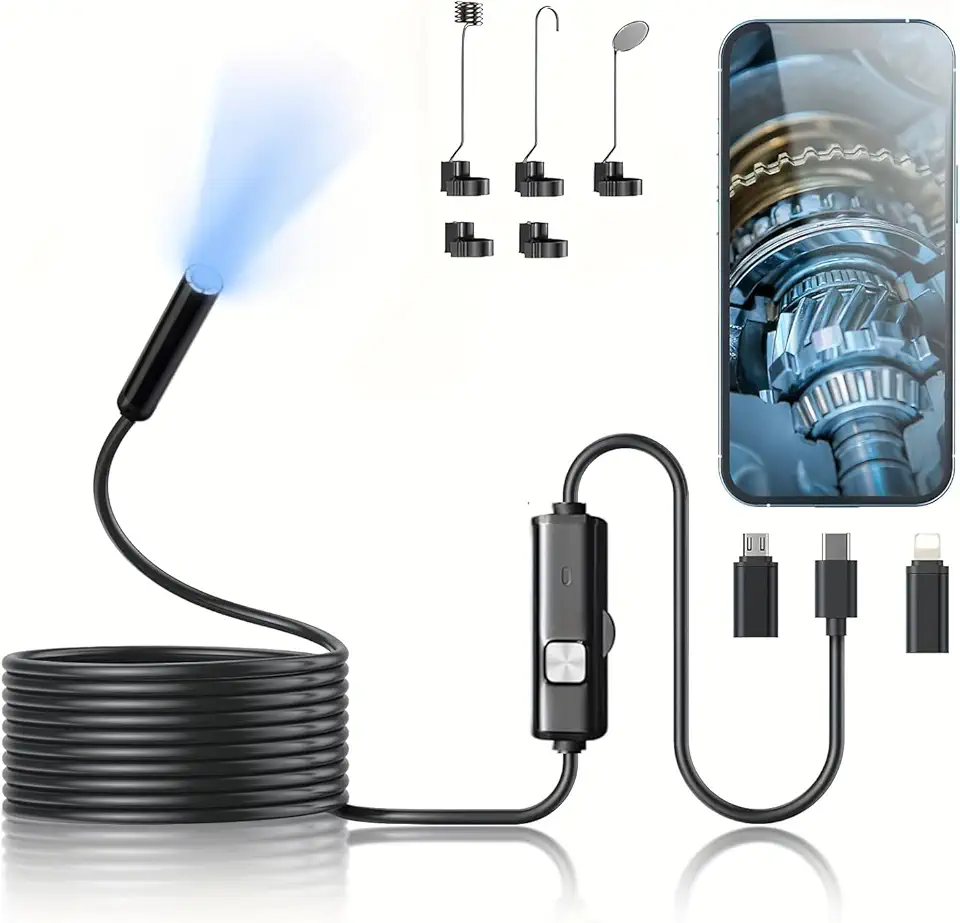 Câmera de endoscópio portátil com luz – Boroscópio HD 1920p, 8 luzes LED ajustáveis, câmera Snake semi-rígida e à prova d'água IP67, adequada para inspeção de espaço confinado iOS e Android
