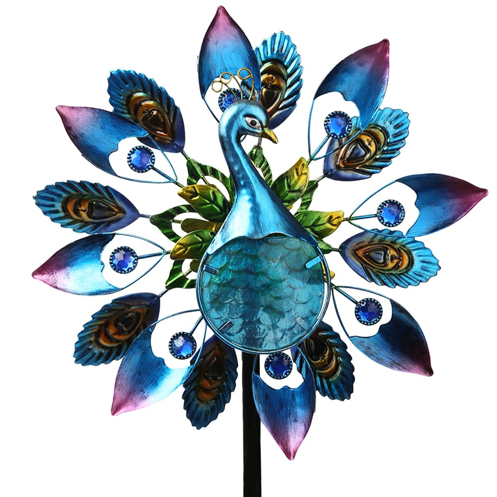 Peacock Metal Wind Spinners Outdoor, 360 Degree Rotation Kinetic Windmill Sculptures with 4 Prong Stake for Yard, Garden, Lawn Decor, 12.5" W x 48.4" H