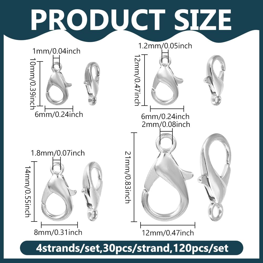 PH PandaHall 120pcs 4 Size Lobster Claw Clasps Silver Necklace Bracelet Clasps Metal Jewelry Clasp Trigger Clasp Fastener Hooks for Bracelet Necklace Jewelry Making, 10/12/14/21mm - Image 2