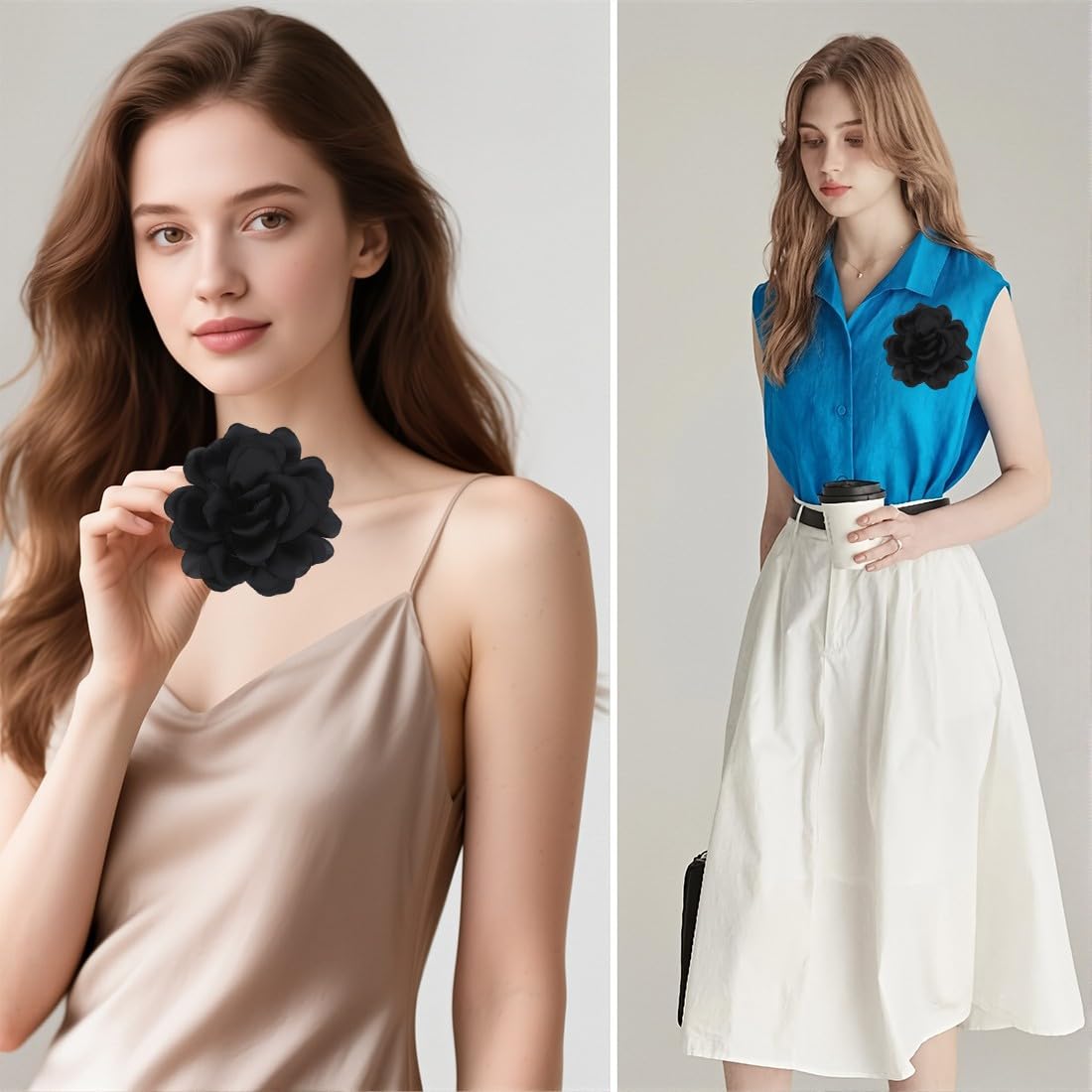 Broches Para Ropa Mujer, Broche De Flor De Rosa, Flores Para Vestidos De Fiesta, Grande, Pinza Para El Pelo, Horquilla Con Flor, Elegante Broche De Solapa Floral Para Boda, Fiesta,Baile(Negro) — view 4