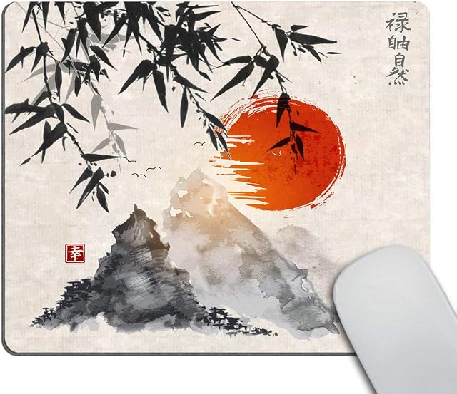 Wasach Gaming Mouse Pad Custom,Japanese Bamboo Trees Sun and Mountains Mouse Pad 9.5 X 7.9 Inch (240mmX200mmX3mm)