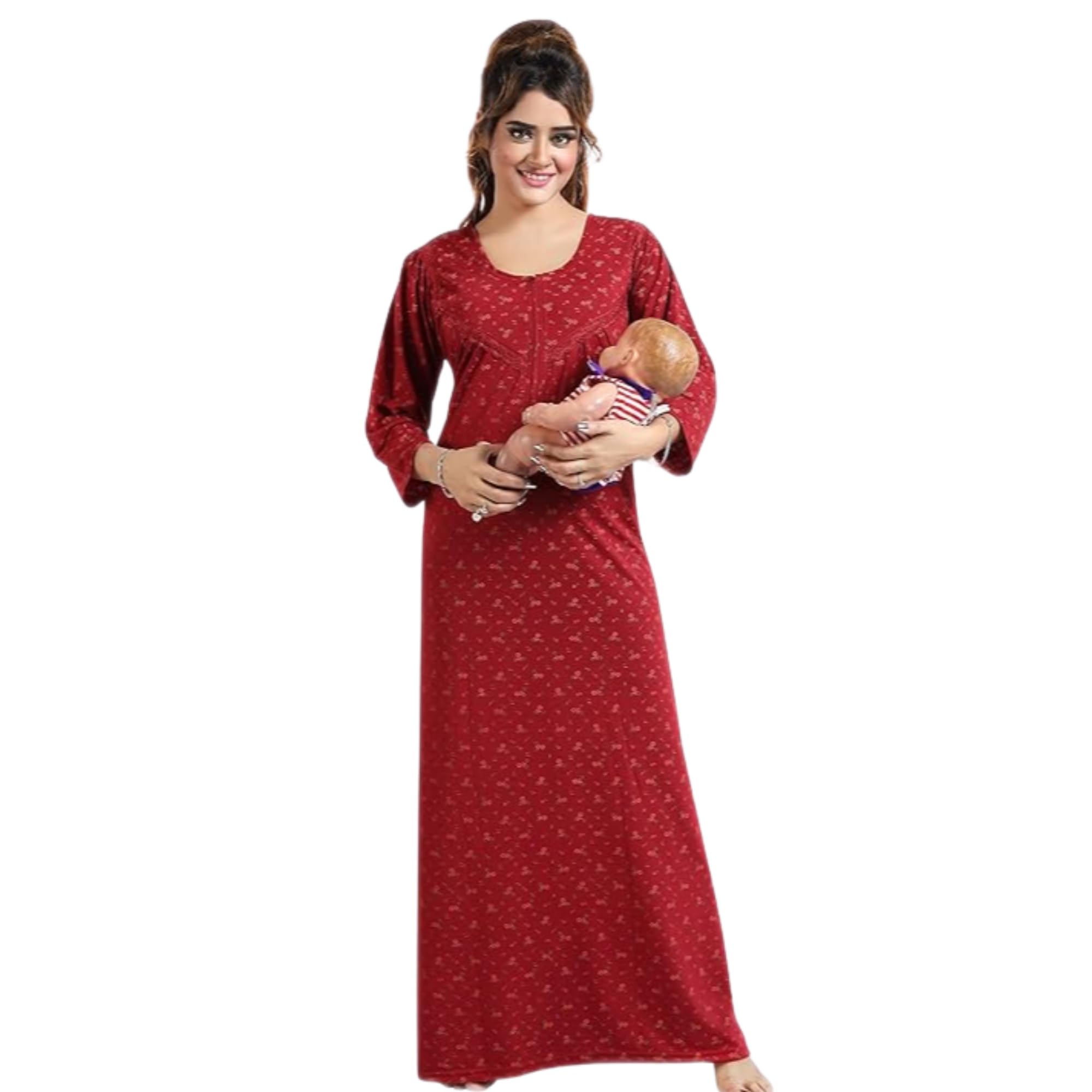 telas finas Women’s Red Printed Cotton Kaftan Gown with Round Neck & Full-Length Fit-picture-27