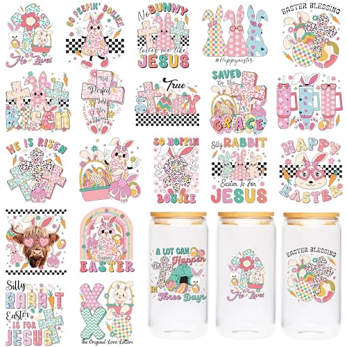 CRASHOT UV DTF Transfers Sticker - 20 Sheet Pink Easter Bunny UV DTF Cup Wrap, Cute Spring Animal Cup Wraps for Glass, Pastel Holiday Decals, DIY Crafts for Girls Aesthetic Lovers