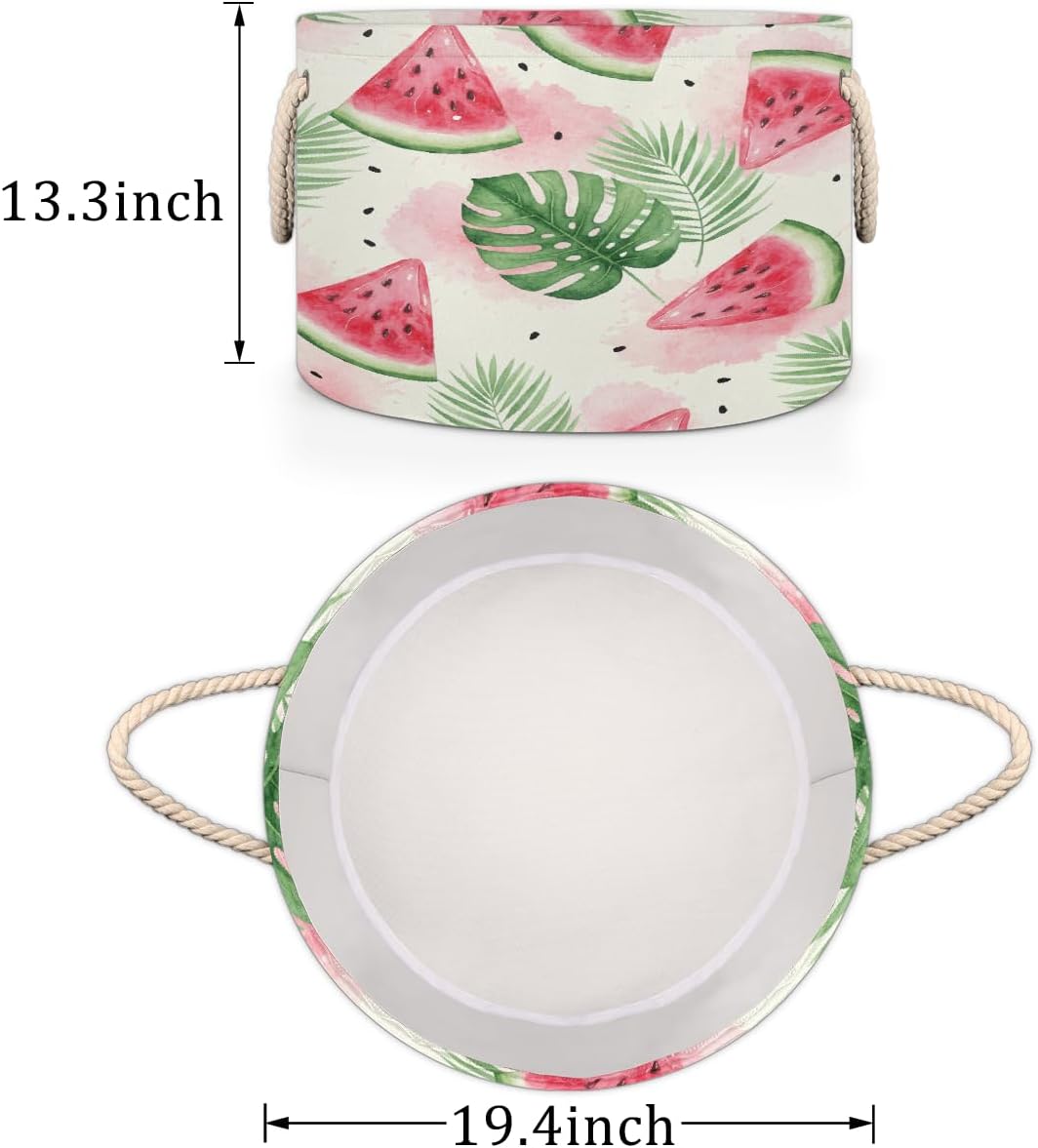 Large Storage Baskets - Watermelon Tropical Leaves Nursery Round Collapsible Organizer Bin Box, Laundry Hamper for Kids Toys, Blanket, Bedroom Living Room Home Decor, Gift Basket, 19.4"x13.3"