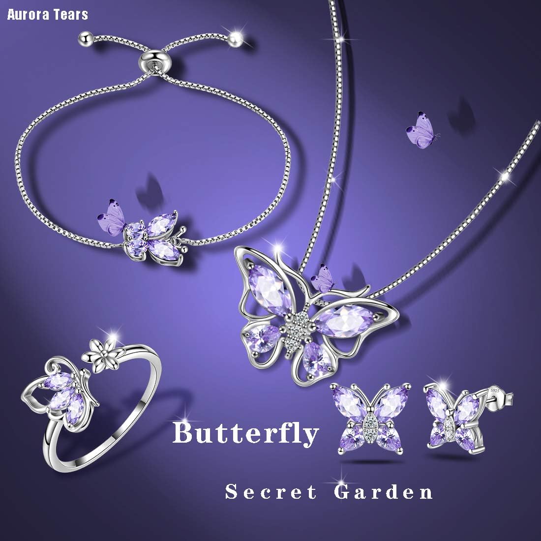 Aurora Tears Butterfly Jewelry,Women 925 Sterling Silver Butterflies Birthstone Pendant Necklace/Earrings/Rings Wedding Gift - Image 8