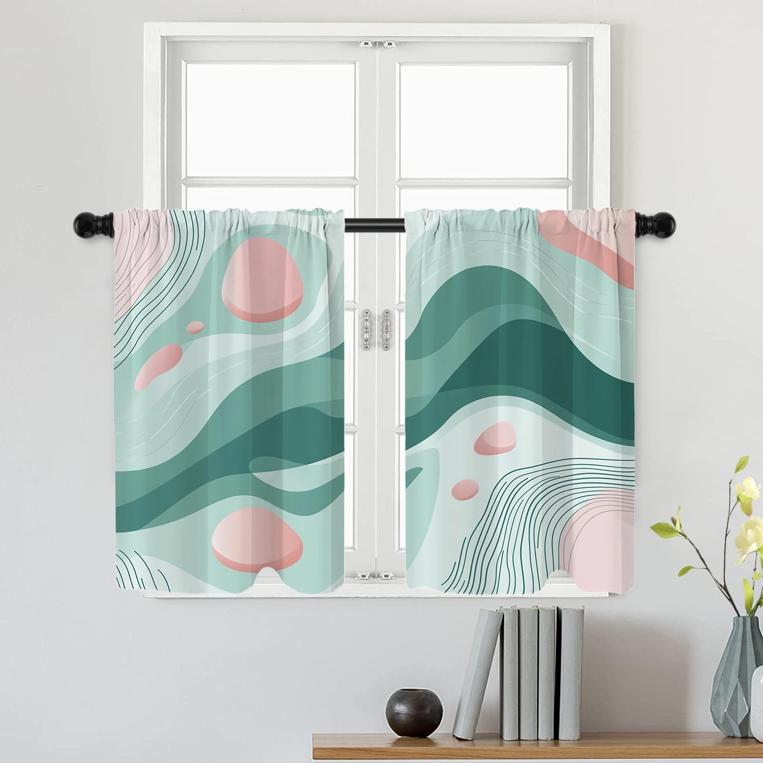 Batmerry Coastal Vibe Abstract Shoreline Tier Curtains, Gentle Curves Pastel Harmony Cafe Curtain Short Kitchen Drapes Small Valance for Bathroom, 2 Pack 36X26 Inches