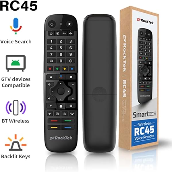 RockTek RC45 Bluetooth Voice Remote β Compatible with Google TV & Android TV, Air Mouse, IR Learning, Backlit Keys - 2